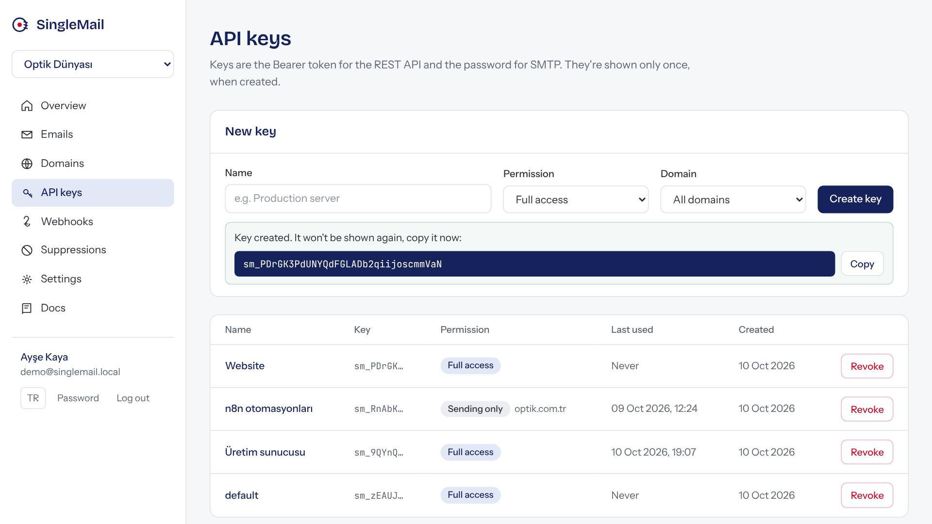 A newly created API key