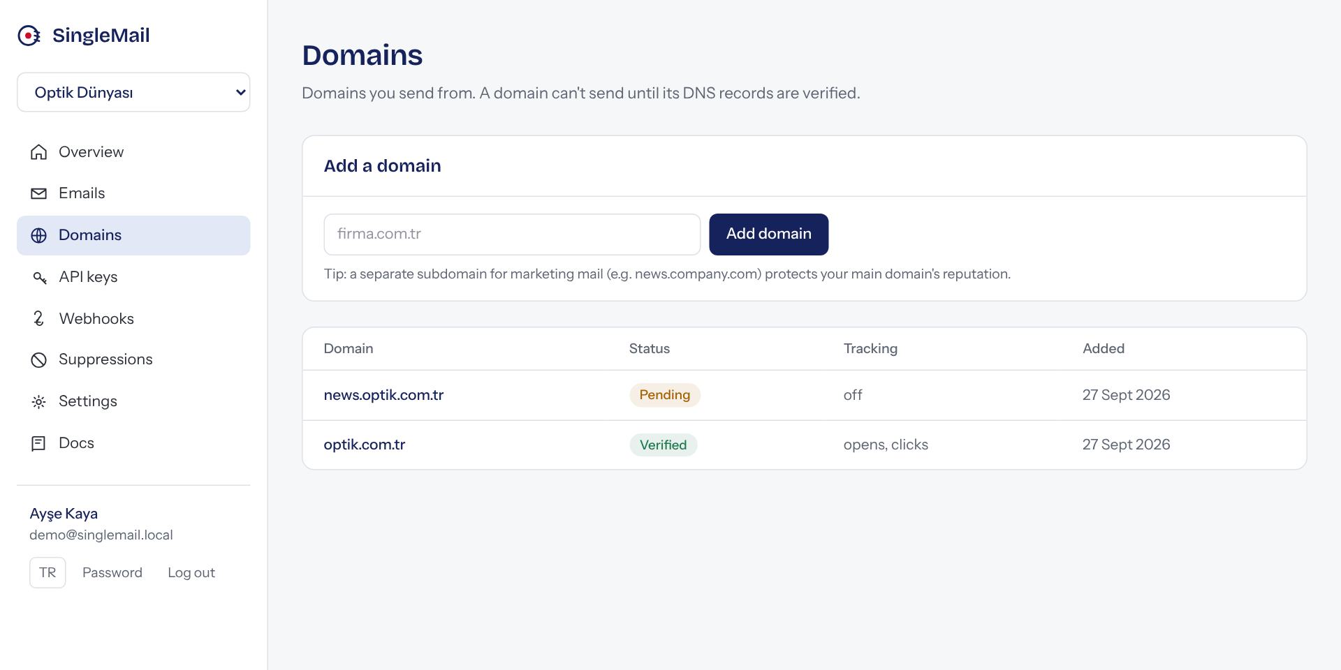 Domains page